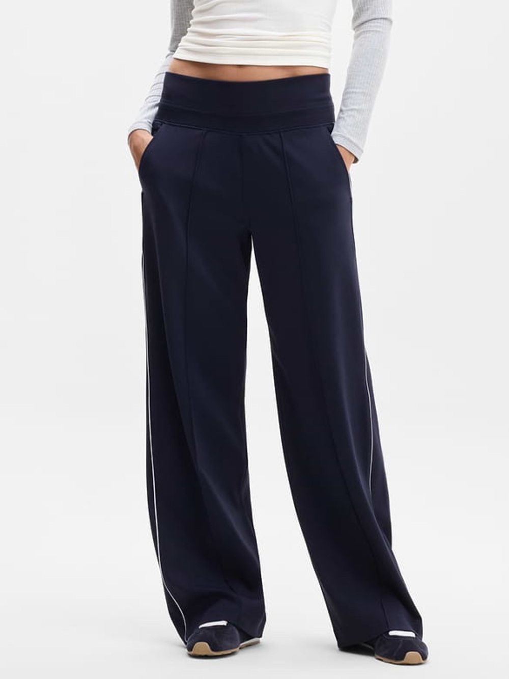 Athleta Venice High Rise Wide Leg Track Stripe Pants Navy Blue White Large